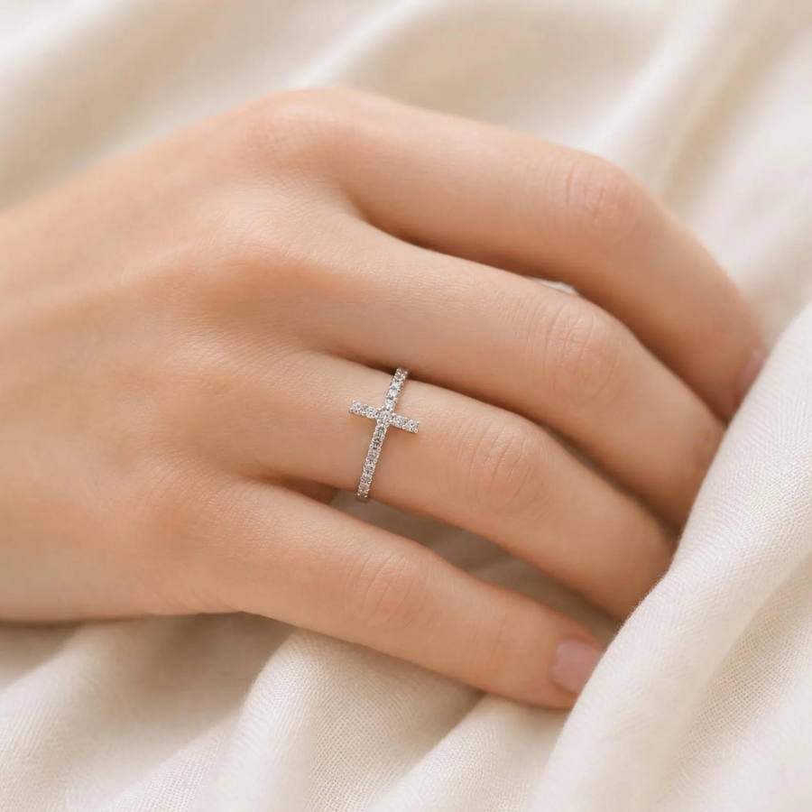 Moissanite Cross Ring | Sideways Cross Ring Gold