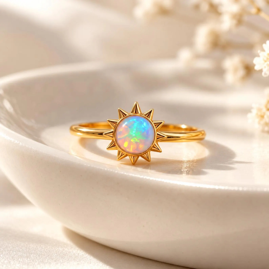 Dainty Opal Ring | Sunburst Celestial Ring | 6mm Round Opal