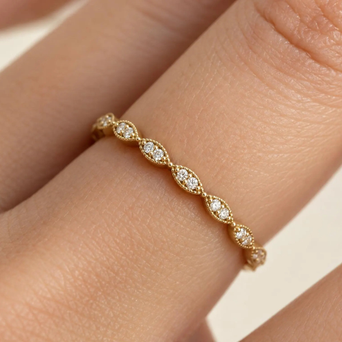 1.60mm Moissanite Eternity Band | 925 Sterling Silver Milgrain Marquise Stacking Ring