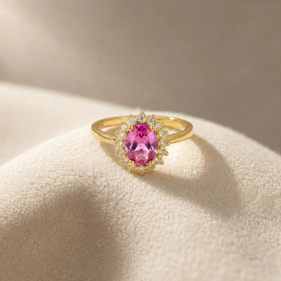 Pink Tourmaline Ring | Oval Halo Ring 6x8mm | Sterling Silver Ring