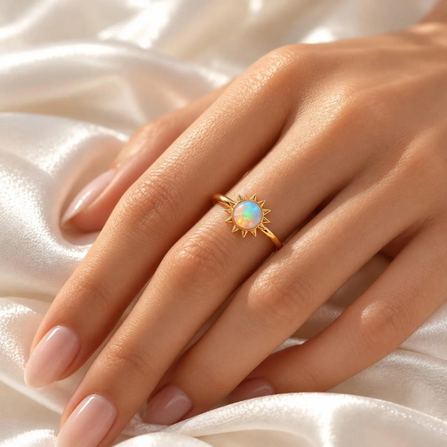 Dainty Opal Ring | Sunburst Celestial Ring | 6mm Round Opal