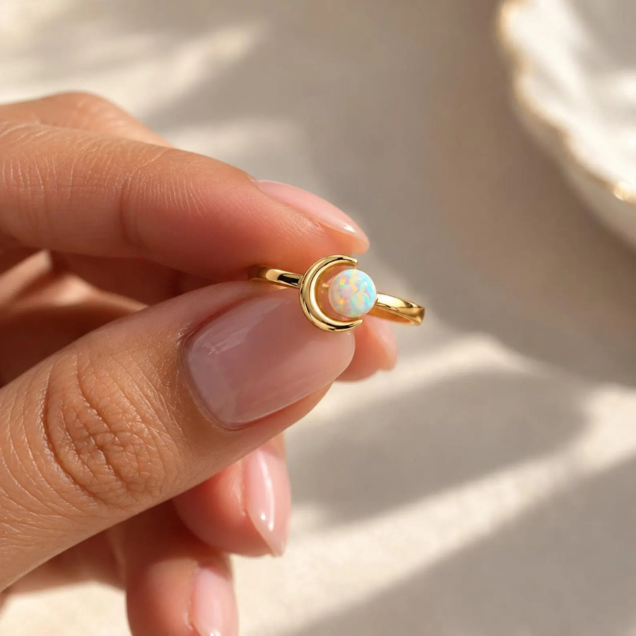 Crescent Moon Opal Ring | 925 Sterling Silver Celestial Ring