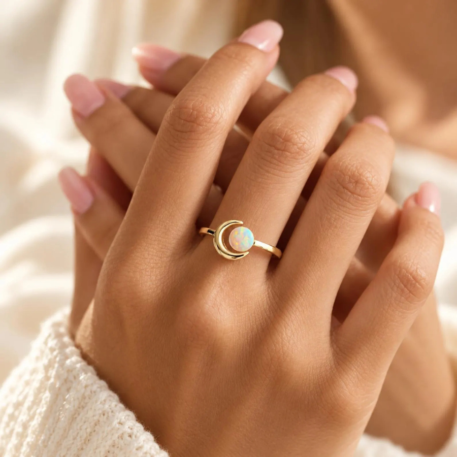 Crescent Moon Opal Ring | 925 Sterling Silver Celestial Ring