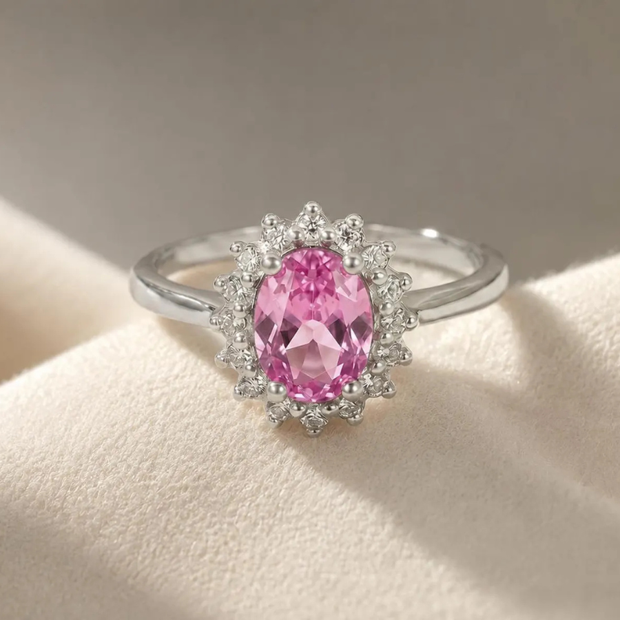 Pink Tourmaline Ring | Oval Halo Ring 6x8mm | Sterling Silver Ring