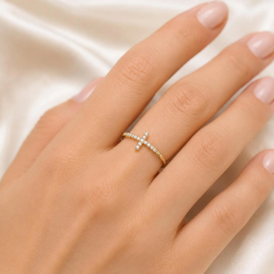 Moissanite Cross Ring | Sideways Cross Ring Gold
