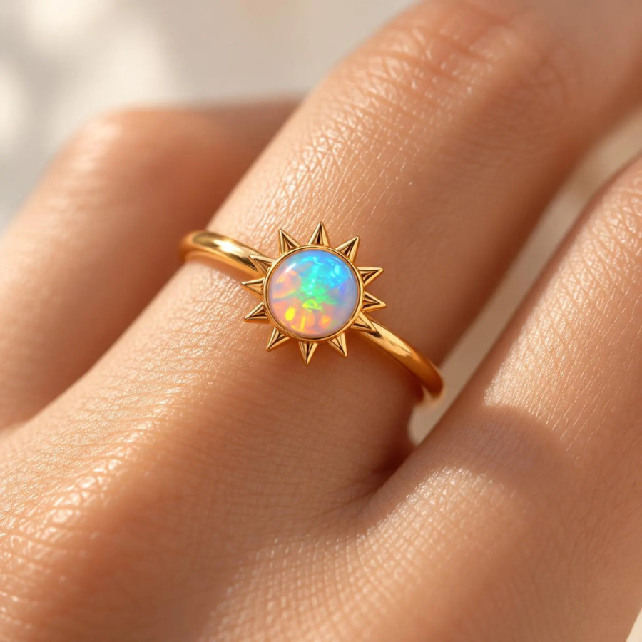 Dainty Opal Ring | Sunburst Celestial Ring | 6mm Round Opal