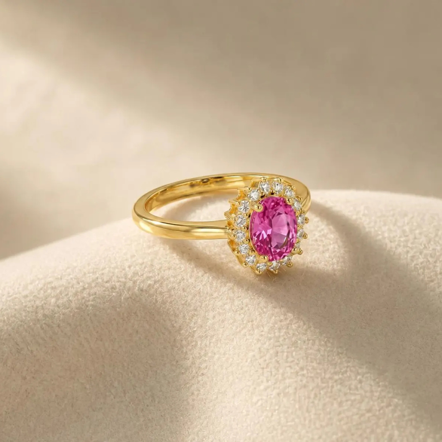 Pink Tourmaline Ring | Oval Halo Ring 6x8mm | Sterling Silver Ring