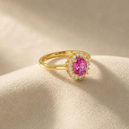Pink Tourmaline Ring | Oval Halo Ring 6x8mm | Sterling Silver Ring