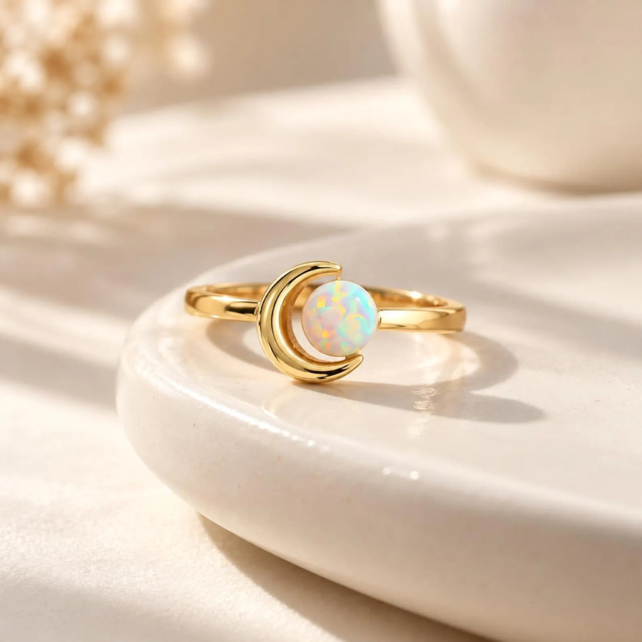 Crescent Moon Opal Ring | 925 Sterling Silver Celestial Ring