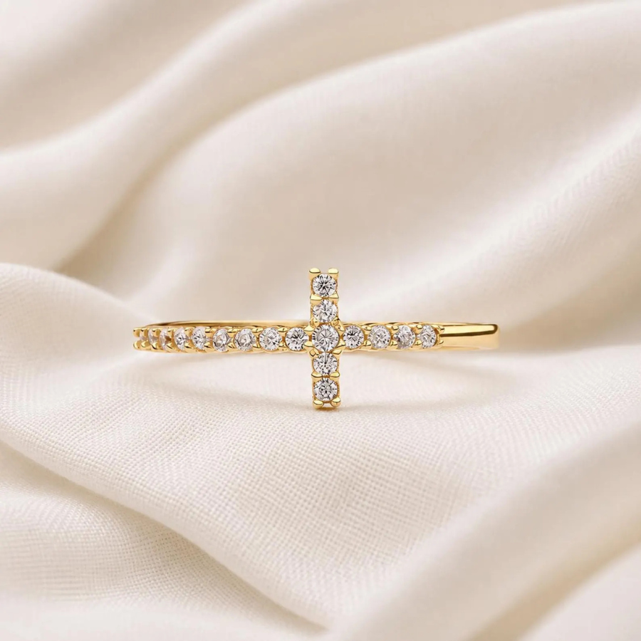 Moissanite Cross Ring | Sideways Cross Ring Gold