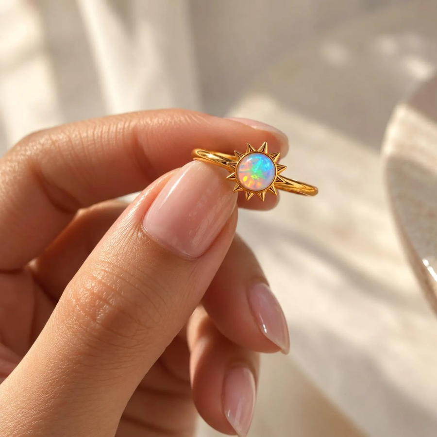 Dainty Opal Ring | Sunburst Celestial Ring | 6mm Round Opal